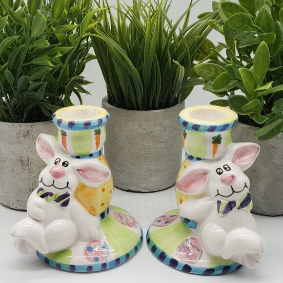Easter Rabbit Ceramic Hand Painted Candle Stick Holders Set of 2 - Picture 1 of 7